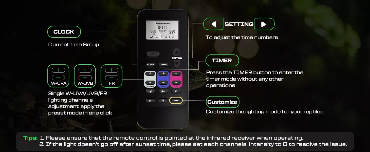 using remote control to adjust brightness and timer on LuminPacific reptile light