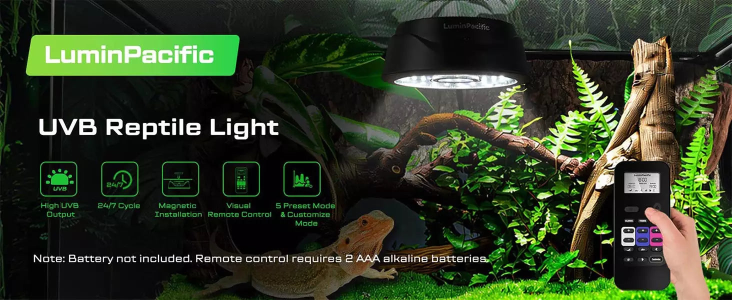 LuminPacific UVB reptile lamp showcasing natural habitat setup and key product features