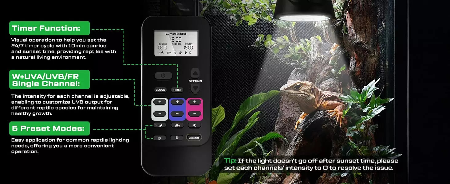 Remote control for LuminPacific reptile lamp with adjustable brightness and timer settings