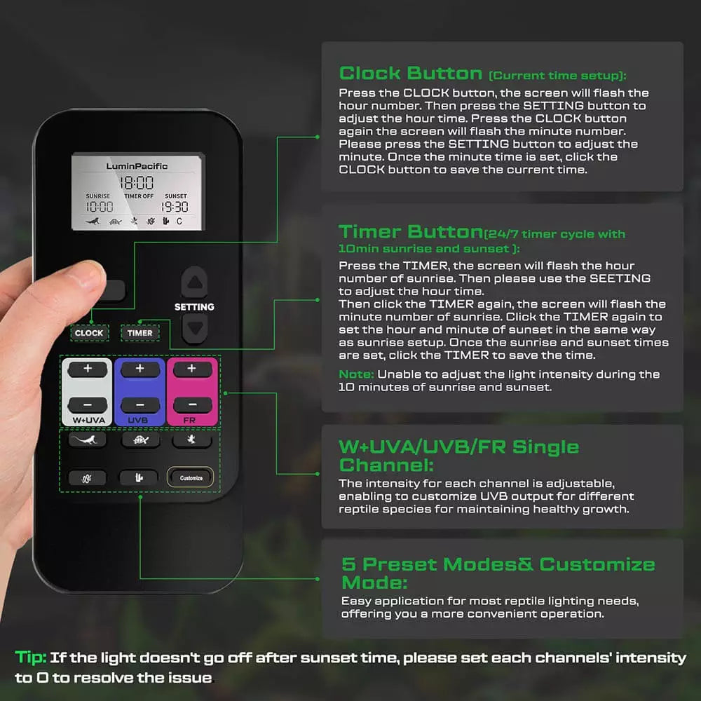 LuminPacific reptile light remote control showing timer and brightness options