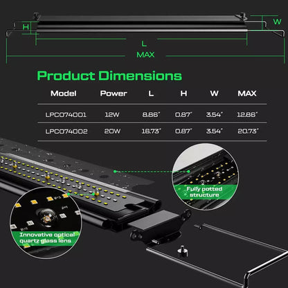 LuminPacific reptile light showing product dimensions and size details